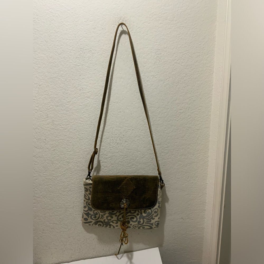 New Myra Bag Ivy Crossbody Grey Swirl Canvas Fabric and Leather Handbag